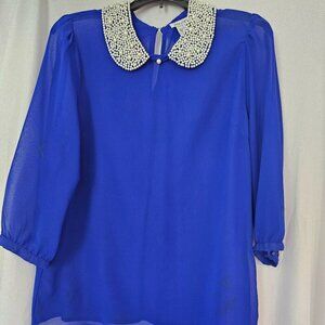 Dizzy Lizzy Pearl‎ Embellished Royal Blue Blouse, Size Large